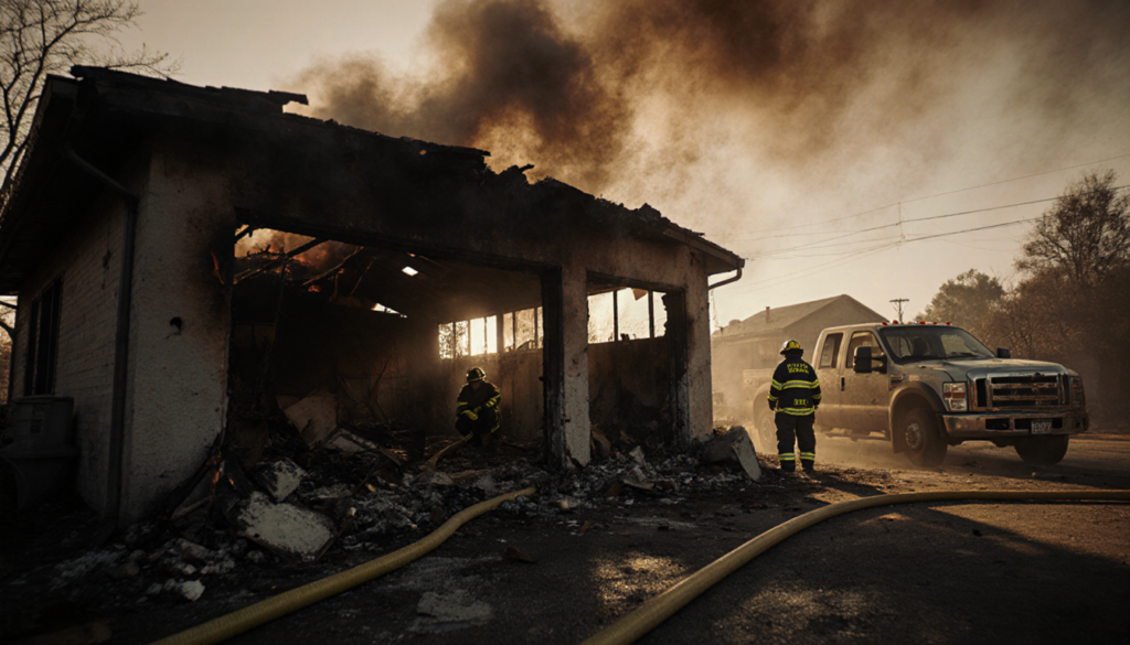 Fire hose stretched across a charred garage with debris and smoke, emergency responders in background.