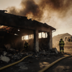 Fire hose stretched across a charred garage with debris and smoke, emergency responders in background.