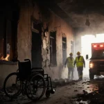Firefighters emerging from smoke-filled hallway with shattered wheelchair and dawn light breaking through broken windows