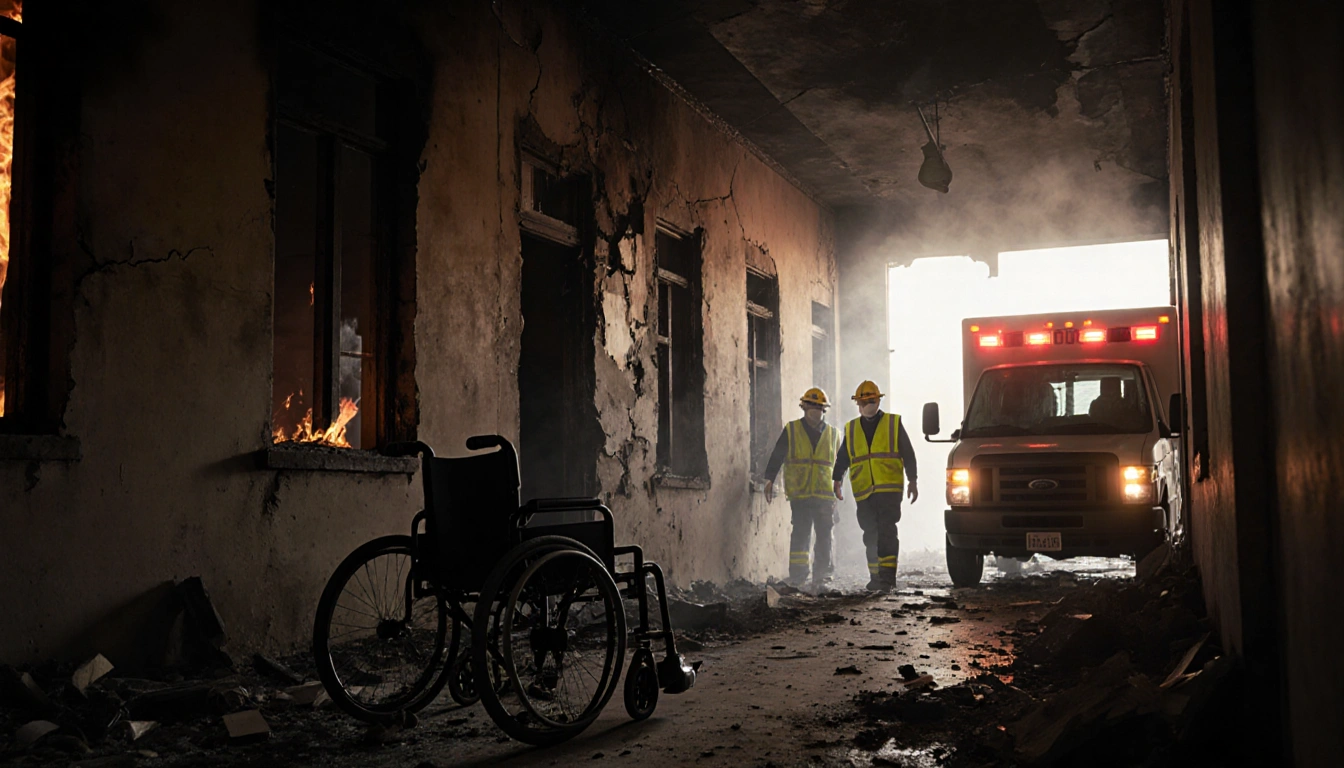 Firefighters emerging from smoke-filled hallway with shattered wheelchair and dawn light breaking through broken windows