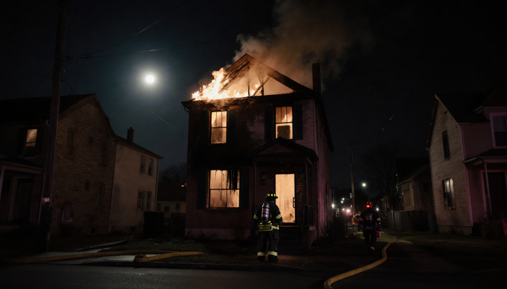 Firefighter stands outside charred home at nighttime with moonlit sky and flames licking roof, while another crew member walk