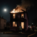 Firefighter stands outside charred home at nighttime with moonlit sky and flames licking roof, while another crew member walk