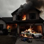 Charred house burning with smoke and firefighters with shattered garage doors opening to a flaming car.