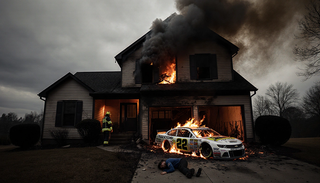 Charred house burning with smoke and firefighters with shattered garage doors opening to a flaming car.