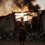 Wayuu community member standing in hut rubble with charred beams and smoke-filled sky and desert backdrop