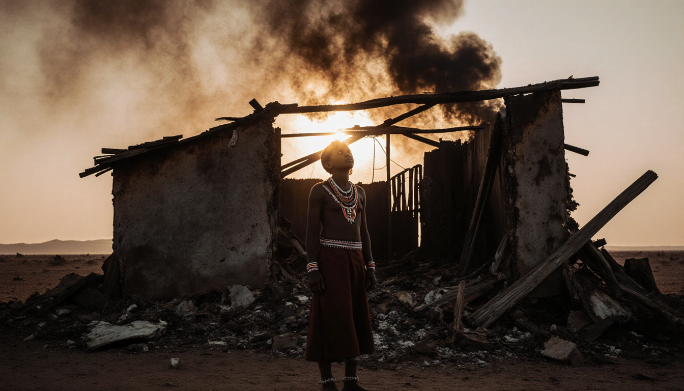 Wayuu community member standing in hut rubble with charred beams and smoke-filled sky and desert backdrop