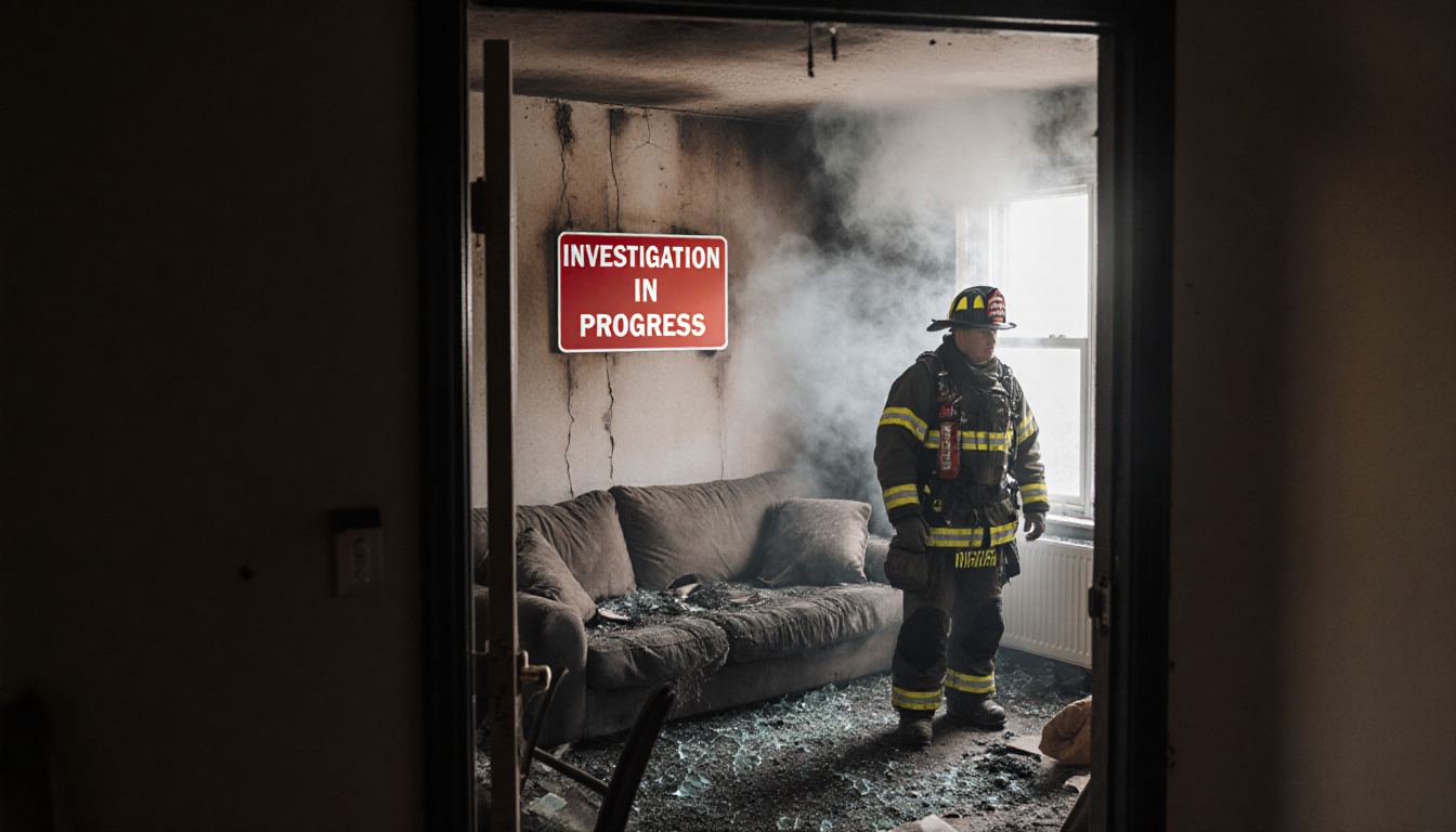 Firefighter standing near doorway with smoke billowing and charred living room fire sign showing investigation