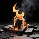 Charred power banks ignite with flames and smoke against a cracked black background.