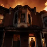 Charred rowhome burns with smoke and a faint silhouette of a woman seen through its ajar door