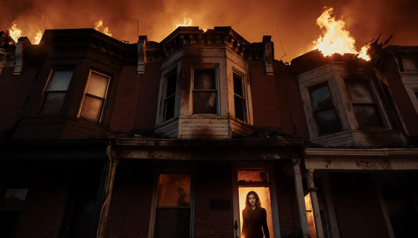 Charred rowhome burns with smoke and a faint silhouette of a woman seen through its ajar door