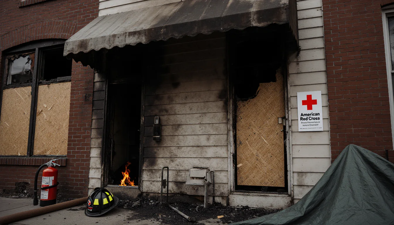 Charred rowhome facade shows smoke damage and boarded windows with a firefighter helmet and fire extinguisher near entrance.