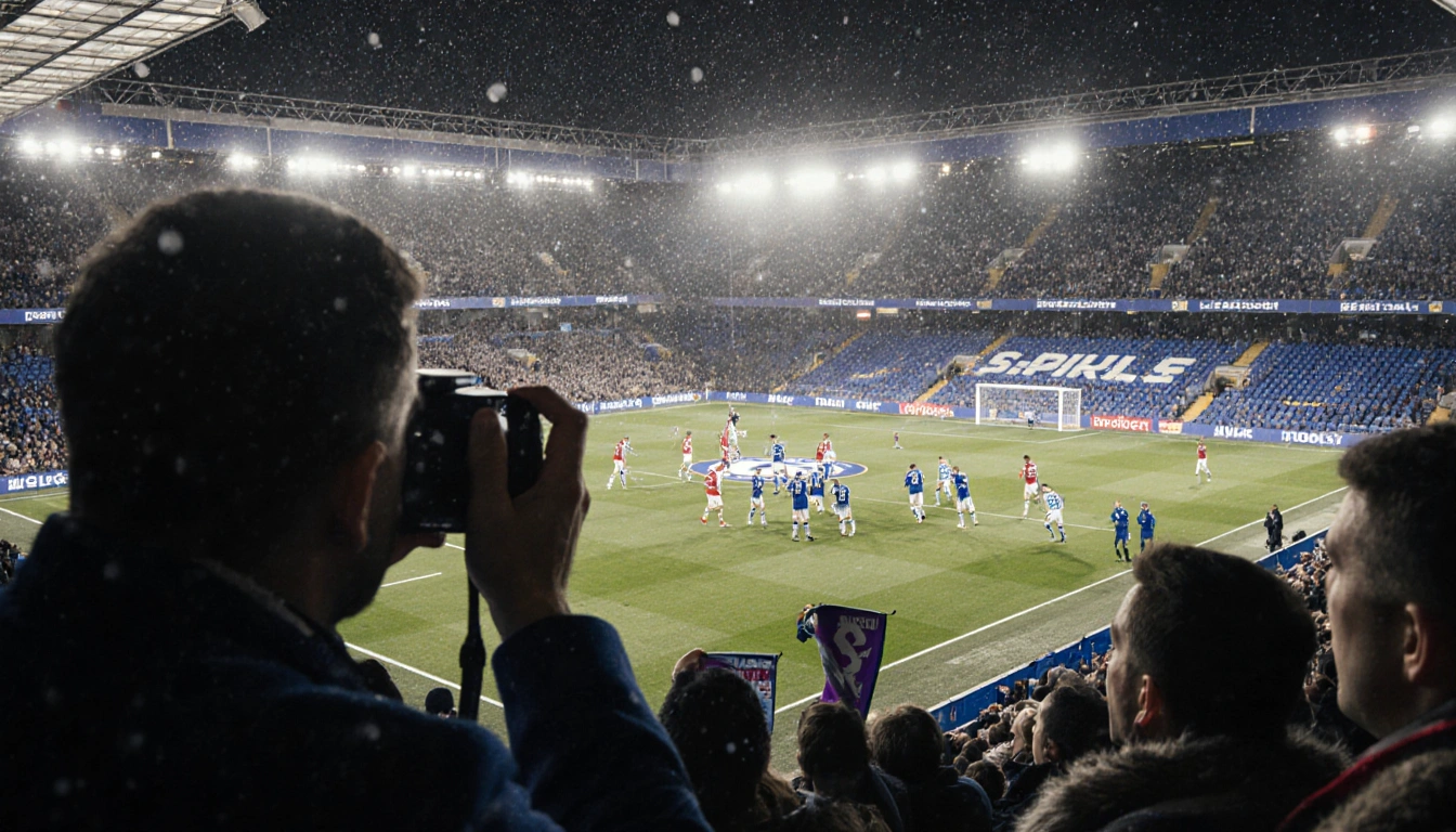 Chelsea and Aston Villa players clash on the pitch with snow falling over Stamford Bridge and fans cheering with banners
