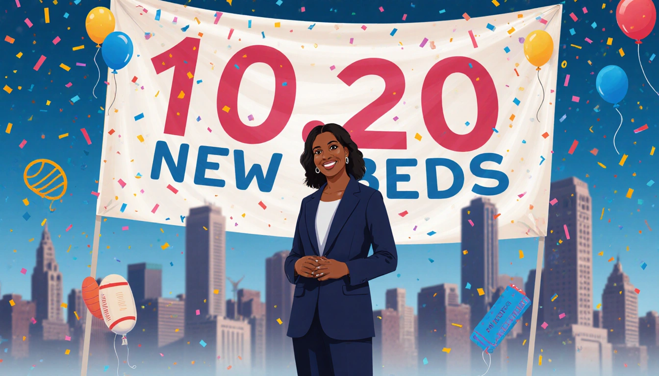 Mayor Cherelle Parker stands before a large 1,000 new beds banner with a blurred Philadelphia skyline and confetti overhead