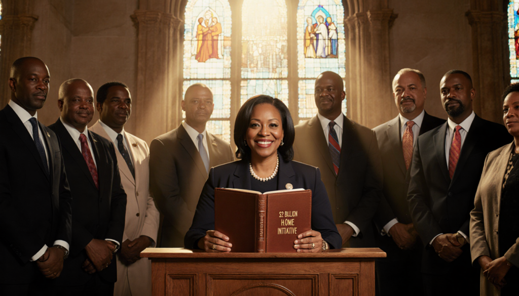 Mayor Cherelle Parker seated at podium holding book with H.O.M.E initiative and glass illuminating leaders in Philadelphia.