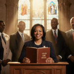 Mayor Cherelle Parker seated at podium holding book with H.O.M.E initiative and glass illuminating leaders in Philadelphia.