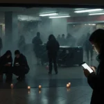 Shopper holding phone with dim fluorescent light and flickering emergency generators behind