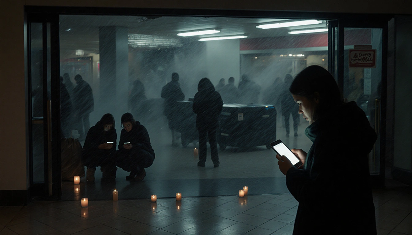 Shopper holding phone with dim fluorescent light and flickering emergency generators behind
