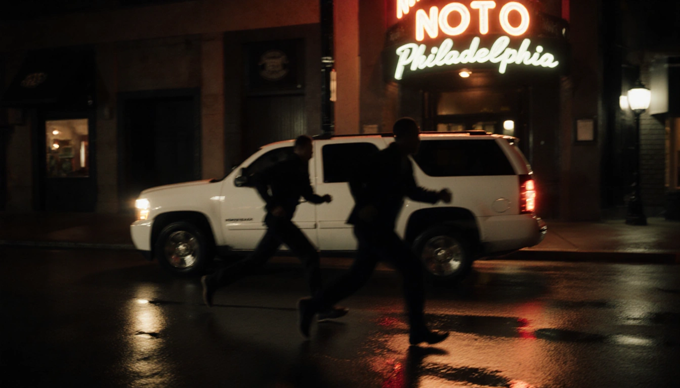 Two silhouettes flee from a white Chevy under neon-lit night with wet pavement reflections