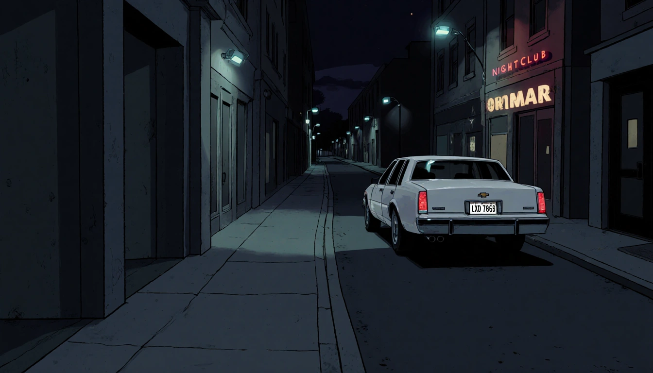 White getaway car parked near nightclub rear entrance with dim nighttime alley and surveillance lights