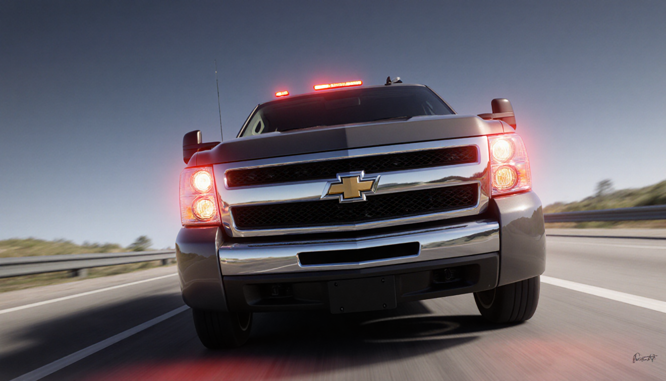2008 Chevy pickup truck with hazard lights on driving in westbound lane on Castor Avenue with blurred background.