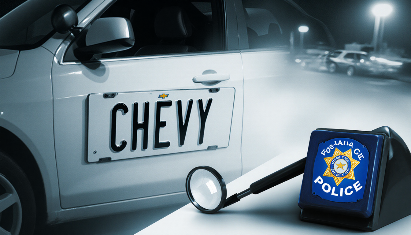 License plate reading CHEVY on white sedan with surveillance footage in background and police badge magnifying glass