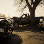 Slumped figure rests on damaged Chevy pickup dashboard with shattered headlights and a gnarled tree in a sickly yellow mornin