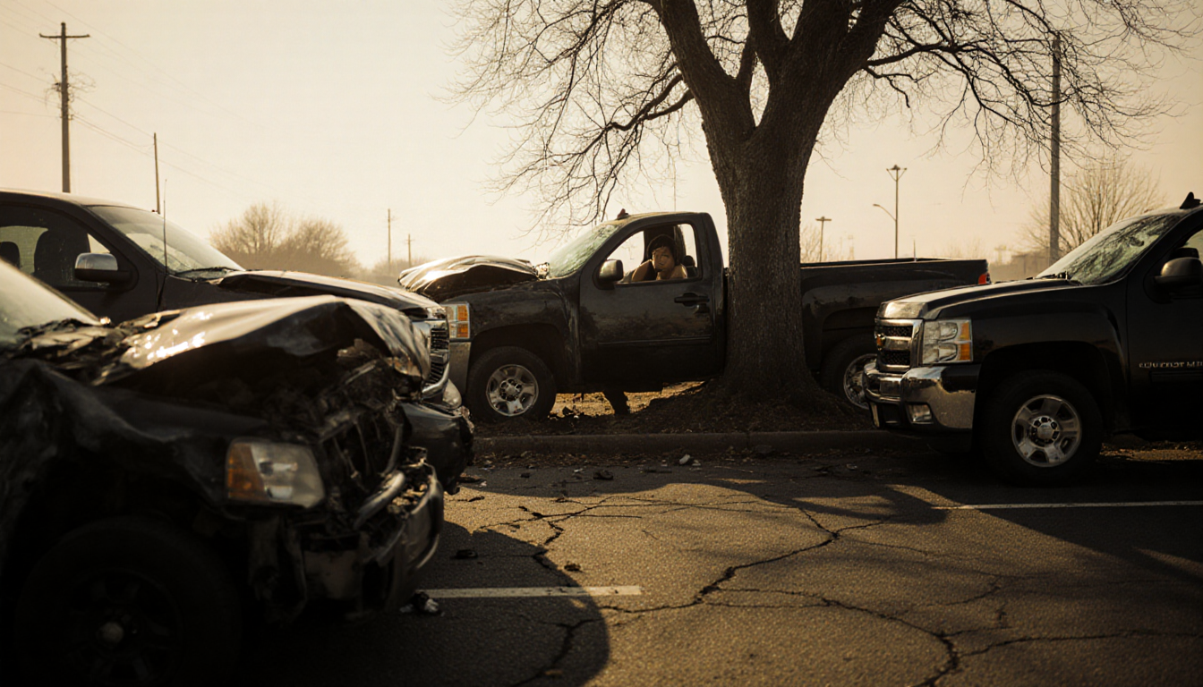 Slumped figure rests on damaged Chevy pickup dashboard with shattered headlights and a gnarled tree in a sickly yellow mornin