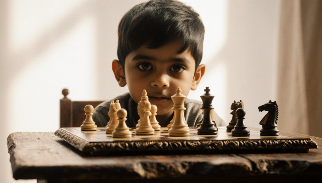 Three-year-old boy playing chess with carved wooden pieces on a dark-wood table with warm golden light