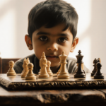 Three-year-old boy playing chess with carved wooden pieces on a dark-wood table with warm golden light