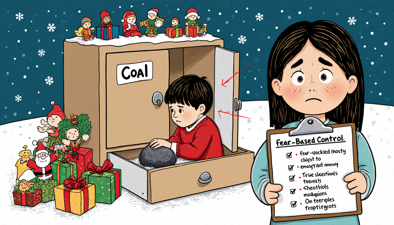 Child sits before cabinet labeled coal with a grey nugget while Mariana Pérez Borrero holds a clipboard on child psychology