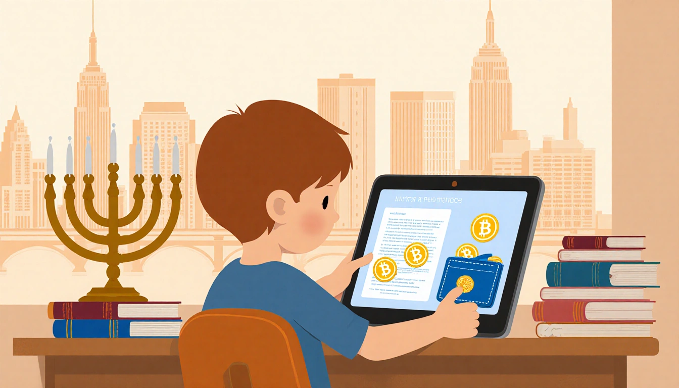 Young child sitting at desk with tablet showing crypto wallet and books beside NYC skyline