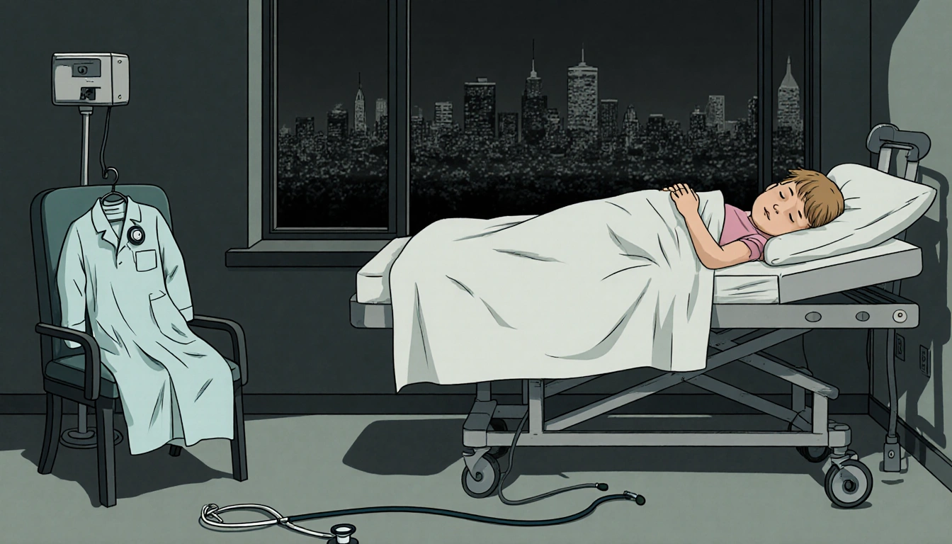 Child's lifeless body resting on hospital table with white sheet and stethoscope on floor near Philadelphia window