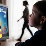 Child watches YouTube video with concerned expression while parent walks away in blurred background.