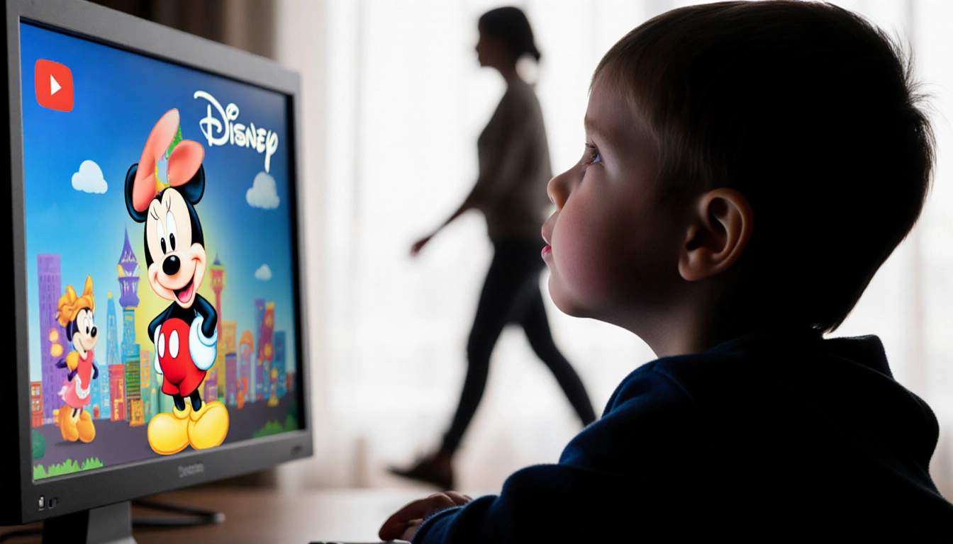 Child watches YouTube video with concerned expression while parent walks away in blurred background.