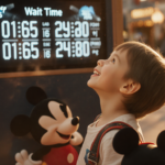 Child smiles brightly while looking up at a digital wait‑time screen with Disney entrance in soft warm light