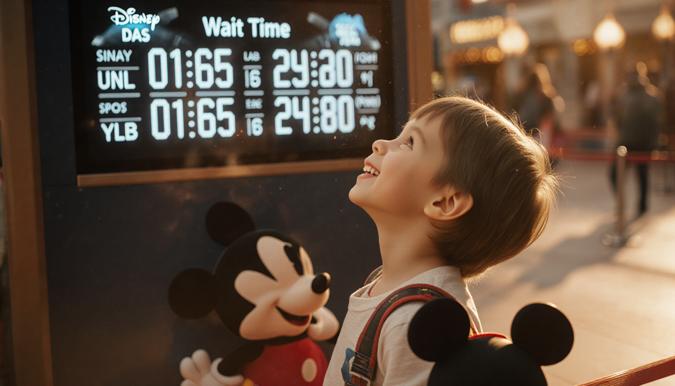 Child smiles brightly while looking up at a digital wait‑time screen with Disney entrance in soft warm light