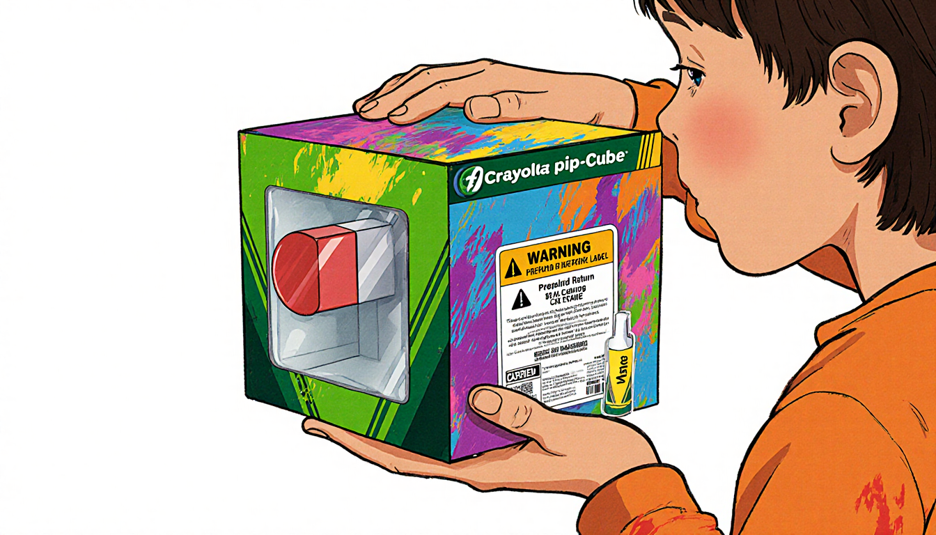 Child holding pip‑Cube with crayon marks and magnet visible through plastic window and warning label in background.