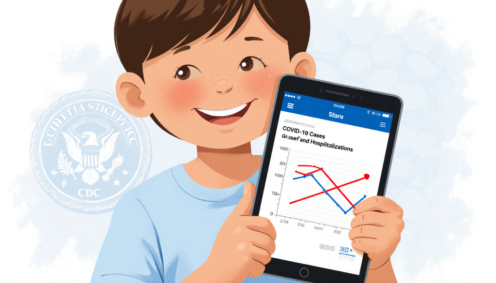 Smiling child holds tablet showing COVID‑19 decline graph with warm light and subtle CDC texture behind conveying confidence