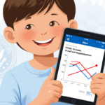 Smiling child holds tablet showing COVID‑19 decline graph with warm light and subtle CDC texture behind conveying confidence