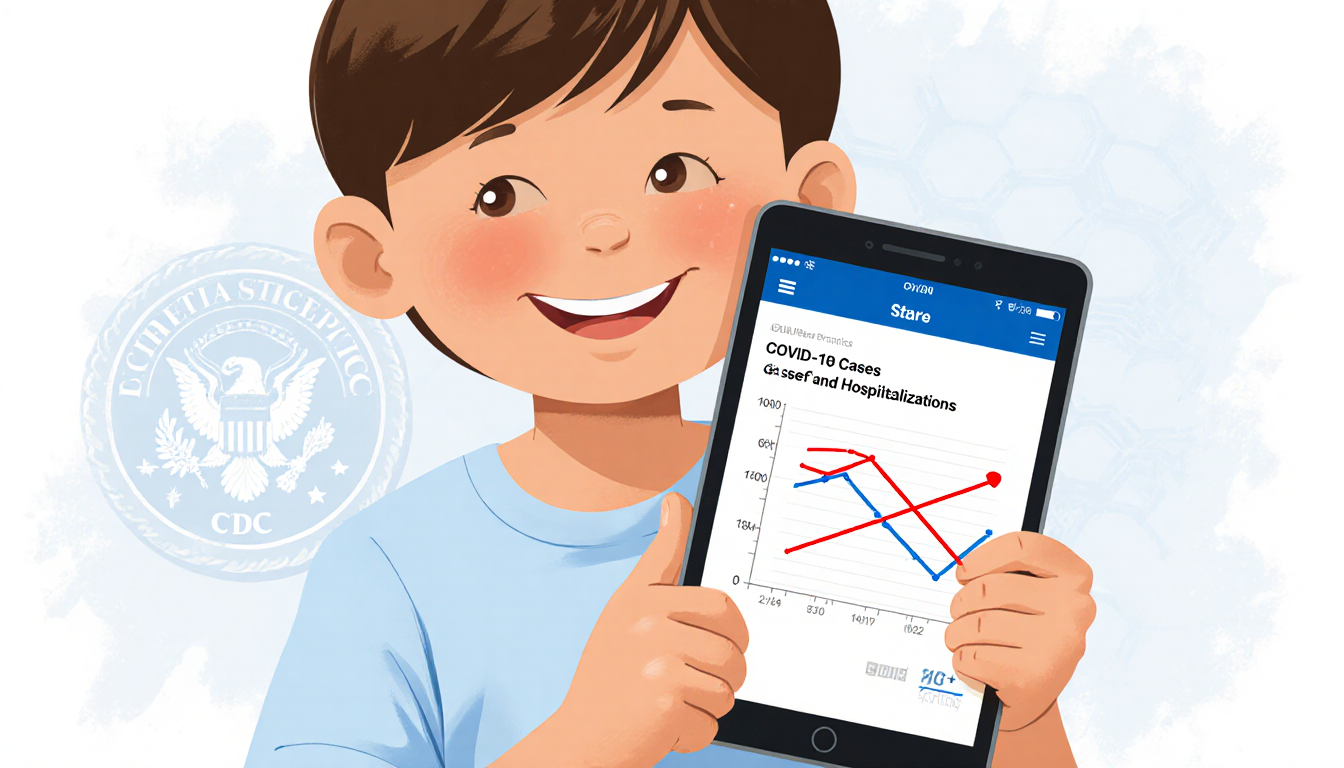 Smiling child holds tablet showing COVID‑19 decline graph with warm light and subtle CDC texture behind conveying confidence