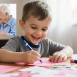 Young boy making handmade Valentine cards with colorful stickers and pens while soft natural light fills the cozy room