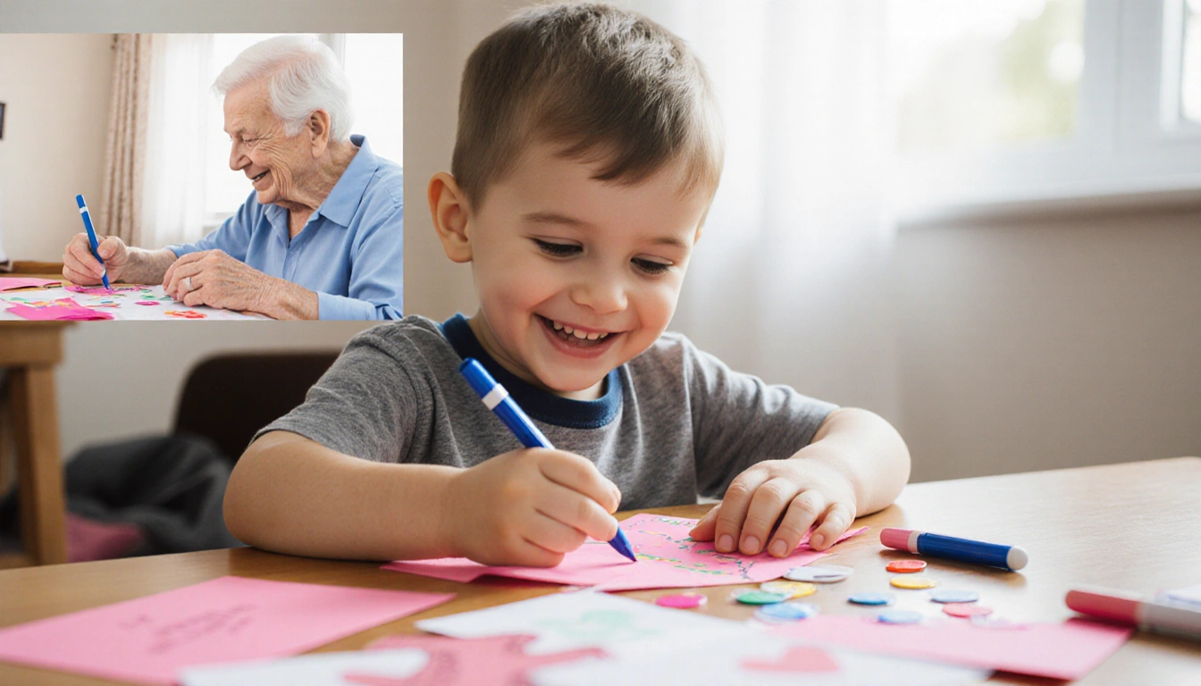 Young boy making handmade Valentine cards with colorful stickers and pens while soft natural light fills the cozy room