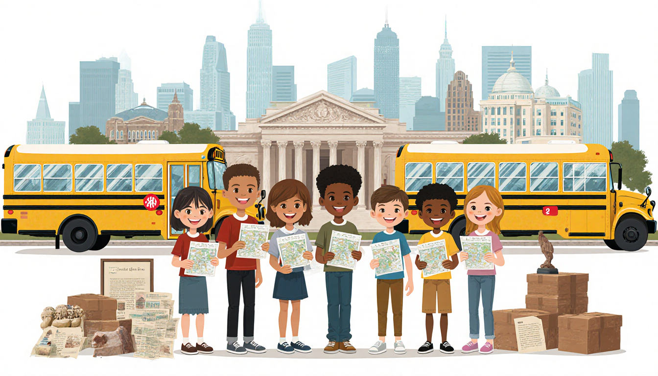 Children excitedly holding maps and field trip passes with the museum and school buses reflecting the city skyline