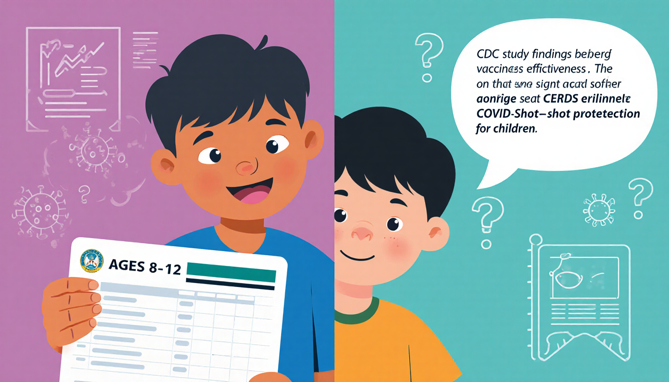 Child smiles holding vaccination card while looks uncertain with thought bubble showing misinformation about vaccine CDC data