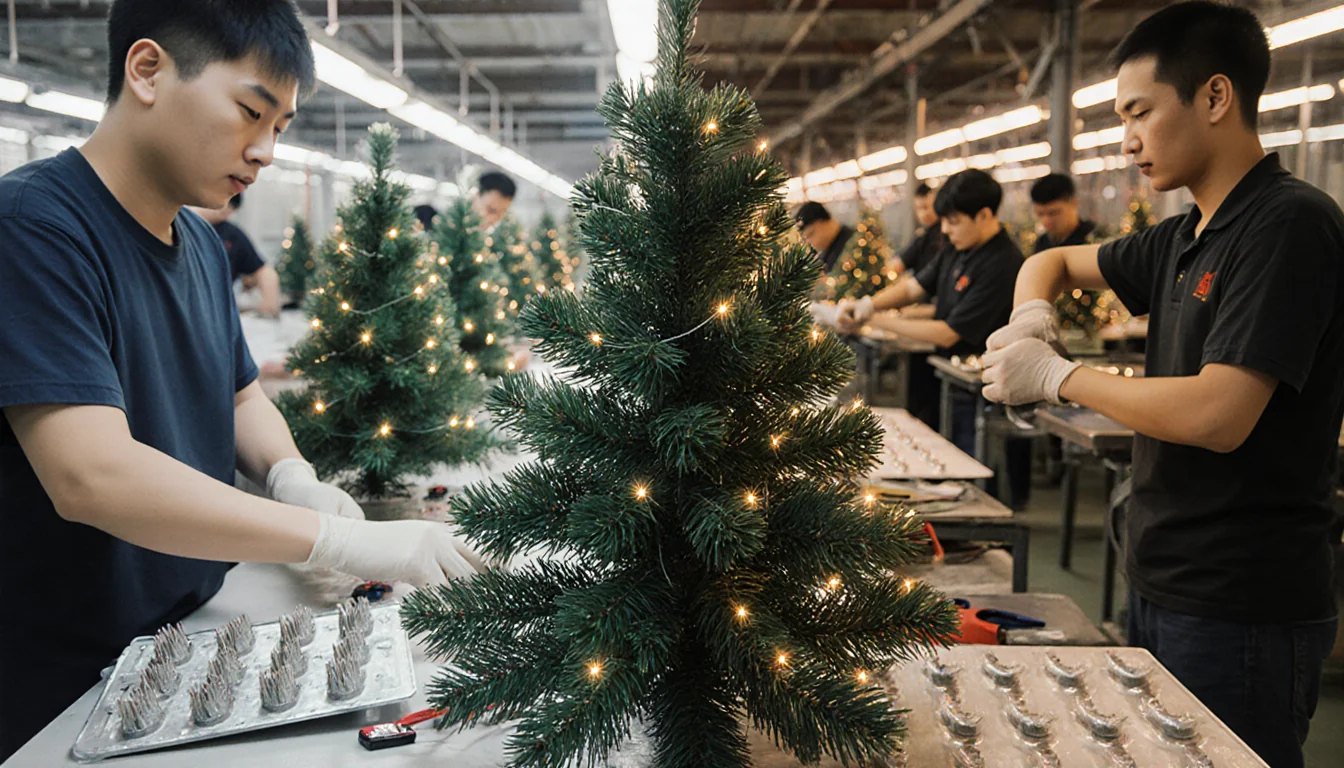Factory workers assembling Christmas trees with tools while assembly line workers wrap lights around branches.