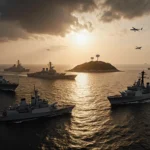 Naval fleet blockades small island with Chinese warships and assault ships under a sunset with Type 075 ramp down
