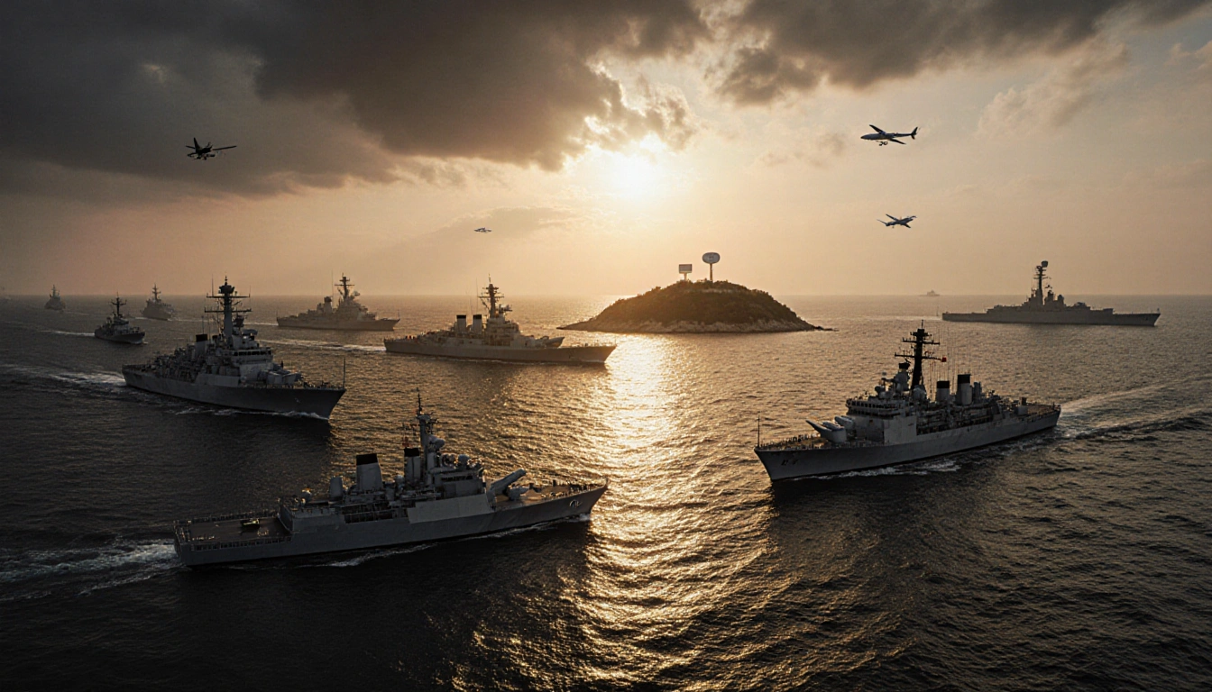 Naval fleet blockades small island with Chinese warships and assault ships under a sunset with Type 075 ramp down