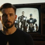 Chris Evans stands before an old television glowing warm showing a grainy black-and-white Avengers image.