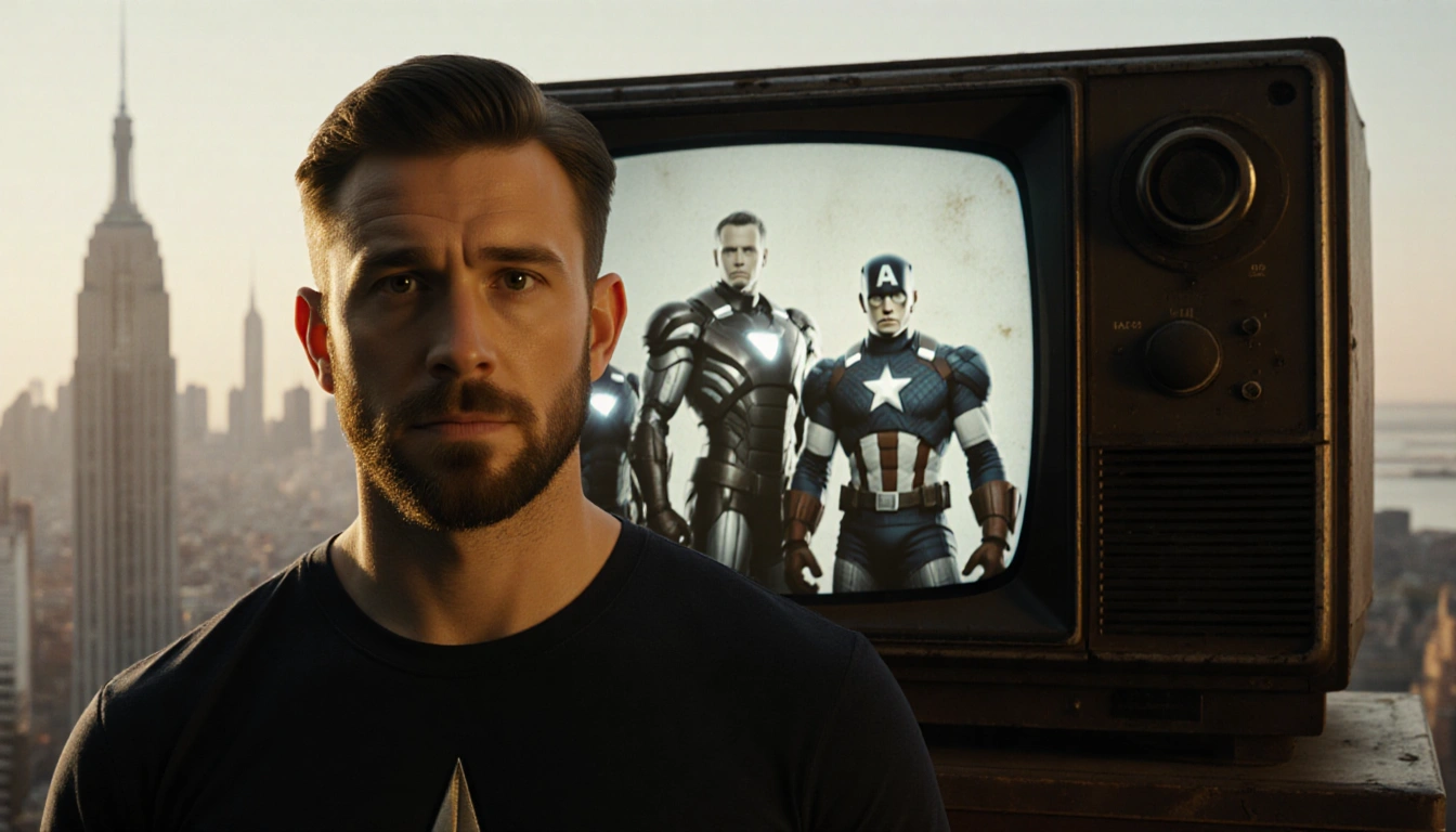 Chris Evans stands before an old television glowing warm showing a grainy black-and-white Avengers image.