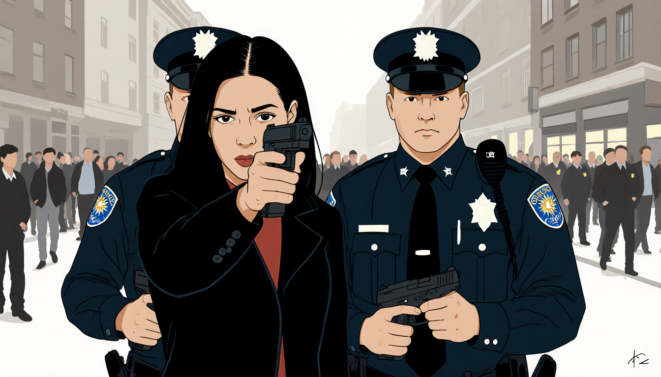 Christina Miranda holding a handgun with police officers holding taser guns behind her and bystanders in background